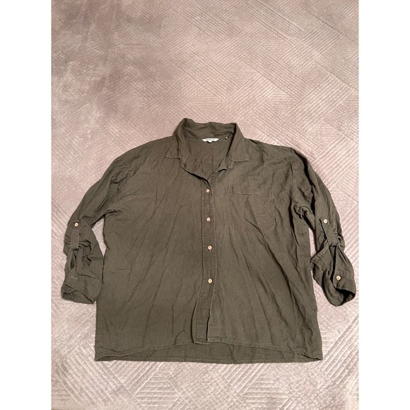 Cavalini Linen‎ Blend Button-Down Shirt Roll-Tab Sleeves Olive Green M - Picture 1 of 13